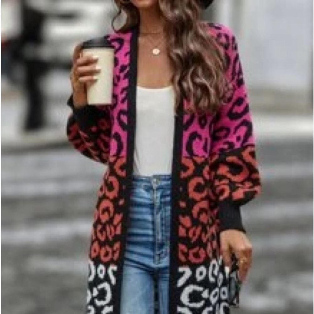 SHEIN LUNE Colorblock Leopard Pattern Bishop Sleeve Duster Cardigan